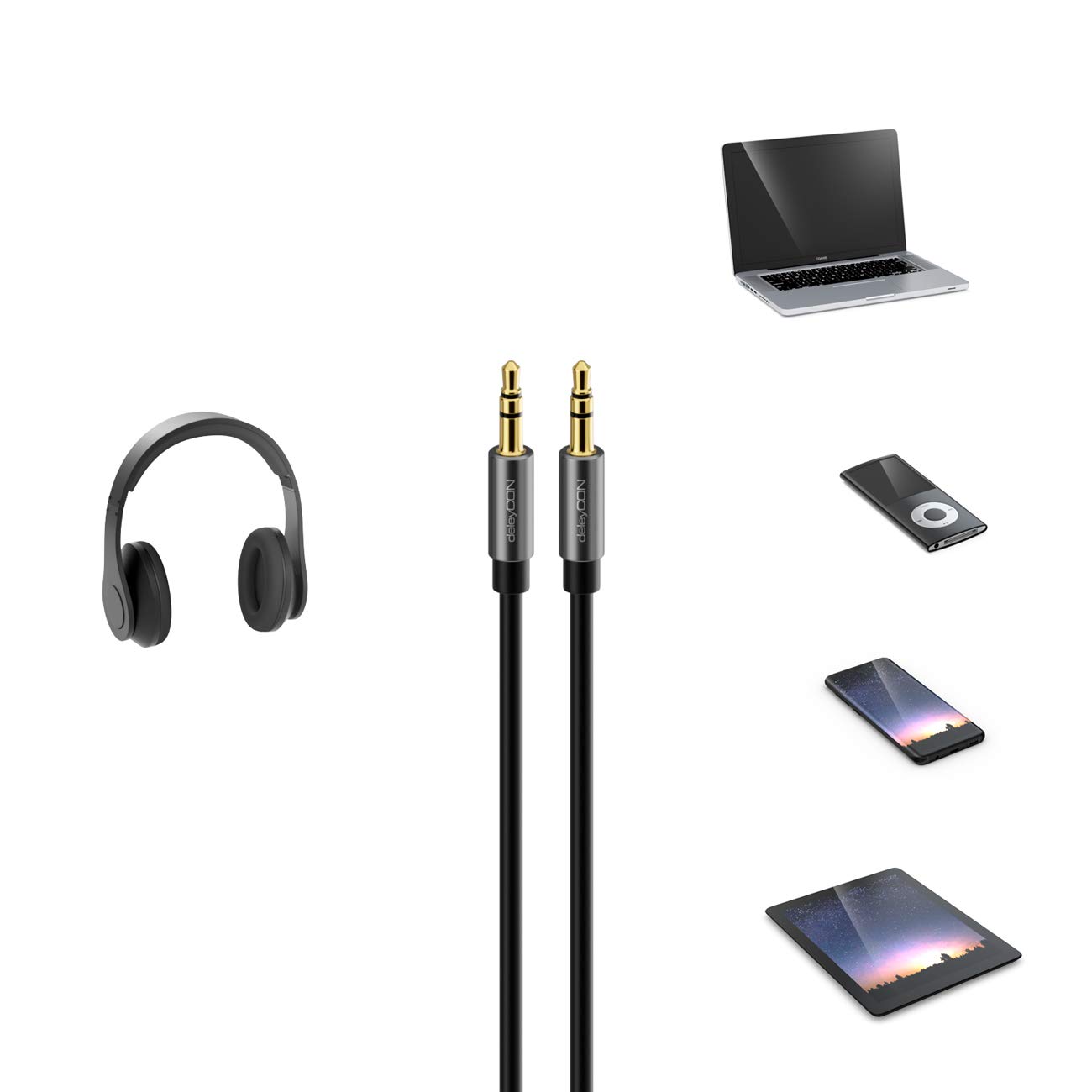 deleyCON 5m Câble Jack Audio Stéréo AUX 3,5mm Liaison sonore Connecteur Métallique Smartphone Mobile Tablette Casque HiFi Récepteur (Extra fin & Flexible)