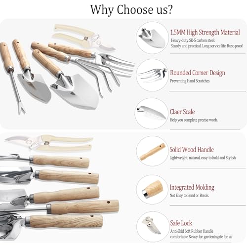 Garden Tool Set, Beswill 12 Pieces Heavy Duty Gardening Hand Tools with Garden Tools Organizer Handbag, Apron, Rust-Proof Stainless Steel Gardening Kit, Wood Handle, Ideal Garden Gifts for Women Men - Image 3