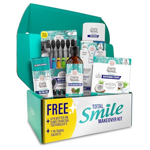 GuruNanda Total Smile Makeover Kit Charcoal with Cocomint Oil Pulling, Dual Barrel Whitening Mouthwash, Whitening Strips & Charcoal Butter on Gums Toothbrushes