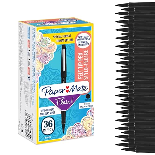 Stylos feutres Paper Mate Flair pointe moyenne 0,7 mm encre noire pour écriture | Boîte de 36