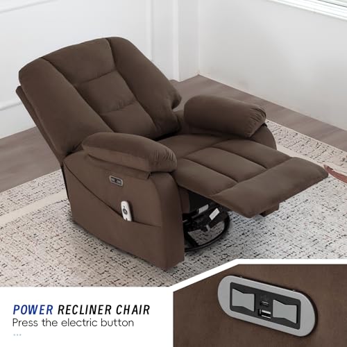 Image of Power Swivel Rocker Recliner Chair for Adults, Electric Rocking Recliner with Massage and Heat for Living Room Bedroom, Fabric Reclining Sofa Chair with USB and Type-C Ports,Brown