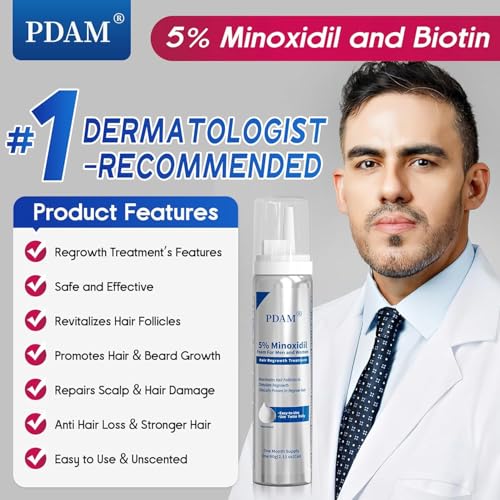 Image of PDAM 5% Minoxidil for Men and Women Foam - Clinically Proven to Regrow Thinning Hair, Topical Hair Loss Treatment, Maximum Strength Foam for Thicker & Fuller Hair, 2 Month Supply (2 x 2.11 oz)