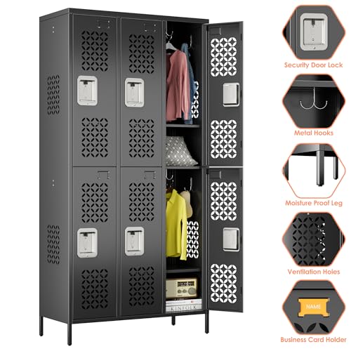 Image of Aobabo Upgrade Metal Storage Locker for Employees, 6 Doors Steel Storage Locker with Air Hole for Office Gym School, Industrial Storage with Hooks, Black, Assembly Required