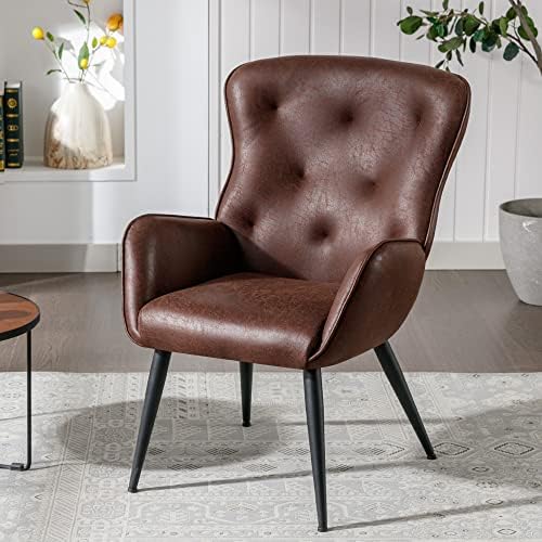 BFZ Faux Leather Accent Chair with High Back Design, Armchair with Metal Legs in Modern Style, Comfy Upholstered Wingback Chair for Living Room, Bedroom, and Office(Dark Brown)