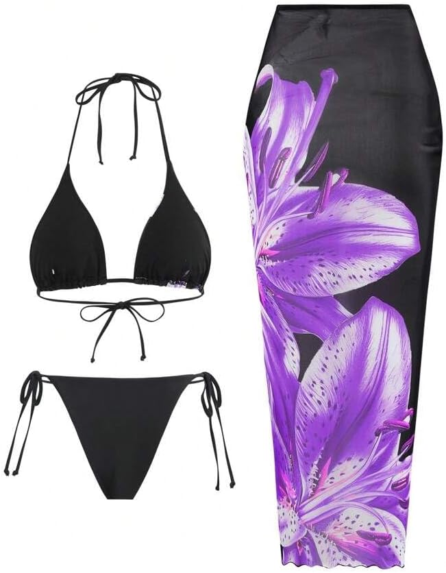zaful womens 3pcs swimsuit floral halter triangle bikini top tie side bottom with long sheer cover up skirt 0-purple medium
