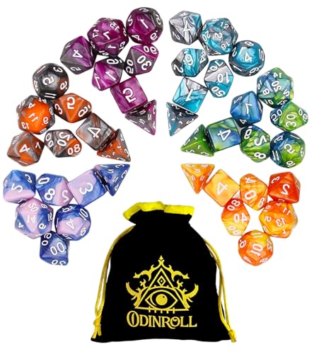 ODINROLL Set di Dadi Poliedrici, 42 Pezzi - 6 Set di Dadi per GDR con 1 Borsa per Dungeons and Dragons D&D RPG MTG Giochi da Tavolo, Include D20, D12, D8, D6, D4, D10 (0-9) e D10 (00-90)