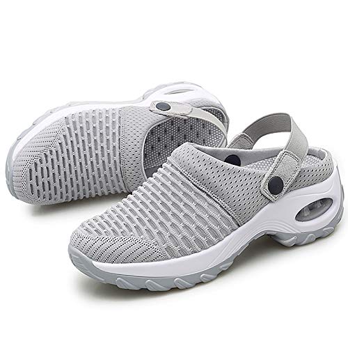 Trsorini Mules Clogs For Women Summer Air Cushion Platform Mesh Mules Sneaker Sandals For Female Lightweight Beach Shoes Outdoor Slippers Walking Shoes Grey Size 8.5 #TOP2