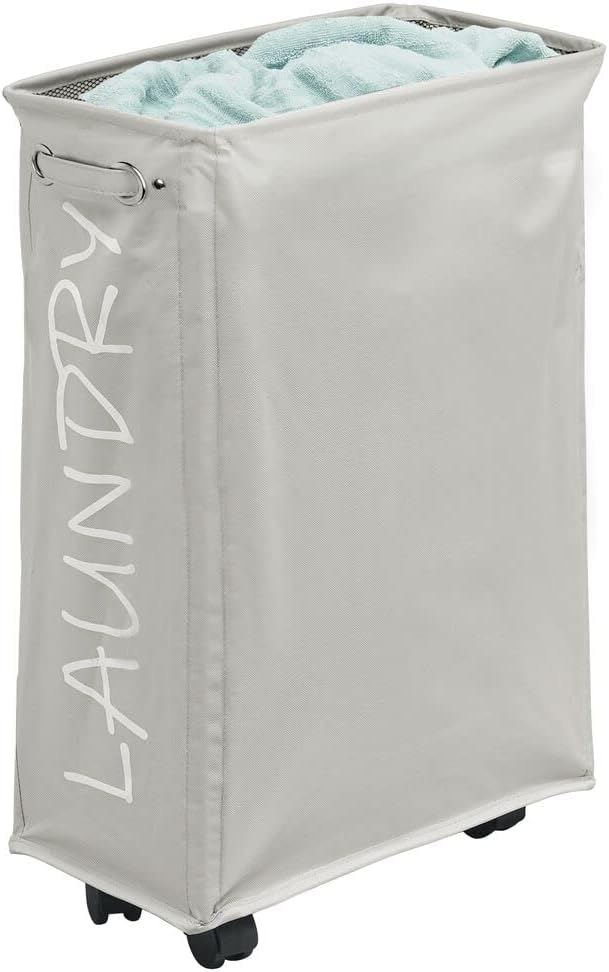 mDesign Laundry Hamper — Collapsible Clothes Hamper with Wheels — Tall Laundry Basket for Bedrooms, Bathrooms, Utility Rooms — Light Grey/Black