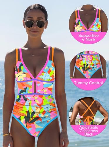 Image of popvil Women One Piece Swimsuit 2026 Tummy Control Sexy Cutout Neon Color Block Bathing Suit Slimming Adjustable Swimwear