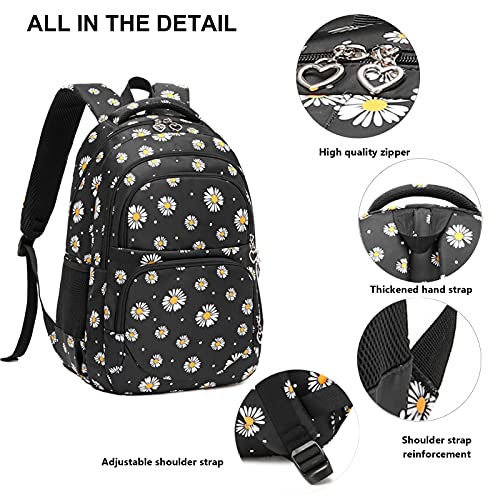 goldwheat Daisy Printed Backpacks With Lunch Pack Pencil Case 3pcs, Lightweight Water Resistant Bookbag For Middle School3