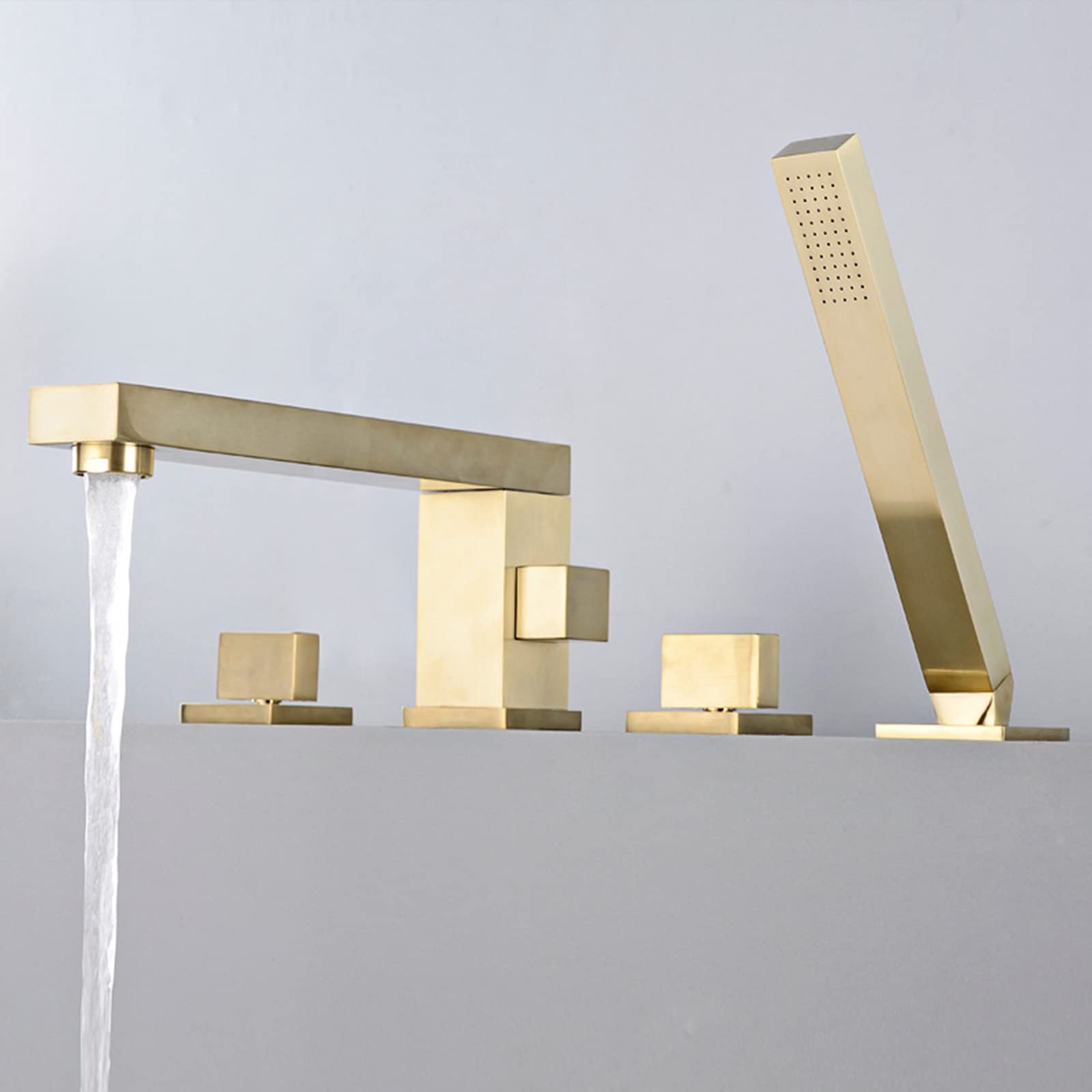 SBCGFY Gold Deck Mount Widespread Bath Mixer Tap With Pull Out Handheld Shower Cold And Hot Bathtub Faucet For Bathroom,