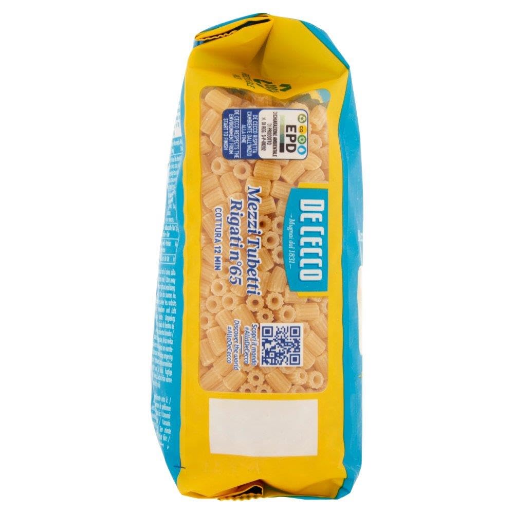 De Cecco Pasta Mezzi Tubetti Rigati Nº 65, 100% pasta italiana, paquete de 500 g + llavero Beni Culinari gratuito