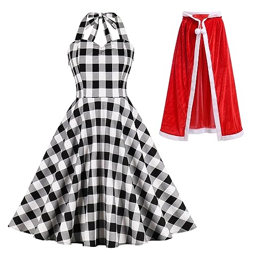 OBEEII Cindy Lou Who Costume Women Sleeveless Halter Plaid Christmas Dresses with Velet Cape Family