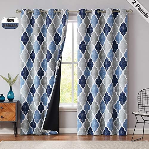 Beauoop Lattice Blackout Window Curtain Panels Thermal Insulated Soundproof Drapes for Bedroom Living Room Quatrefoil Energy Saving Window Treatment Sets Grommet Top, Set of 2, 50W x 72L, Blue/Grey