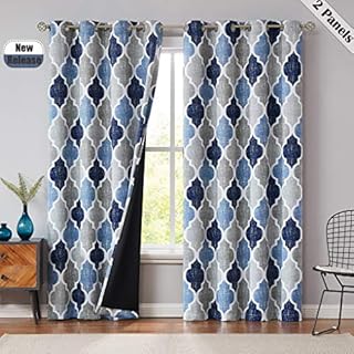 Beauoop Lattice Blackout Window Curtain Panels Thermal Insulated Soundproof Drapes for Bedroom Living Room Quatrefoil Energy Saving Window Treatment Sets Grommet Top, Set of 2, 50W x 72L, Blue/Grey