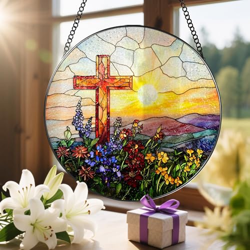 image for LAOWEIKI 8 Inch Cross Sunset Suncatchers for Windows Hanging, Indoor D
