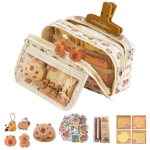 Bolsa para lápis, estojo capivara, bolsa multicamadas, bolsa capivara com zíper com caneta, chaveiro de boneca, broche, adesivos, notas adesivas e clipe, capa fofa