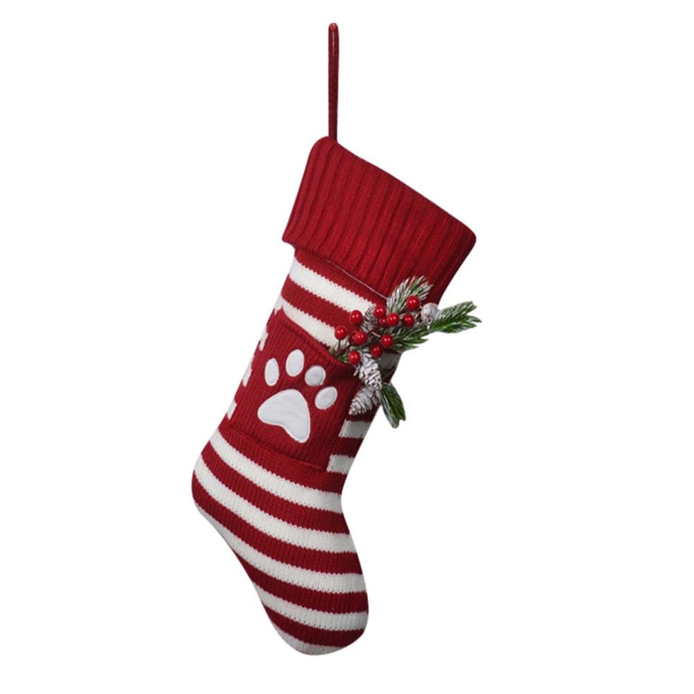 Mioyoow Red Paw Prints Pet Christmas Knit Stocking, Red & White Striped Knit Holiday Sock With Hanging Loop Custom Fireplace Hanging Stockings For Home Christmas Party Decorations