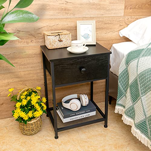 Amhancible Black Nightstands Set Of 2, Small End Tables Living Room With Drawer, Industrial Slim Side Tables With Storage Shelf, Night Stands For Bedroom, Wood Metal Accent Furniture Het03Sdbk #TOP1