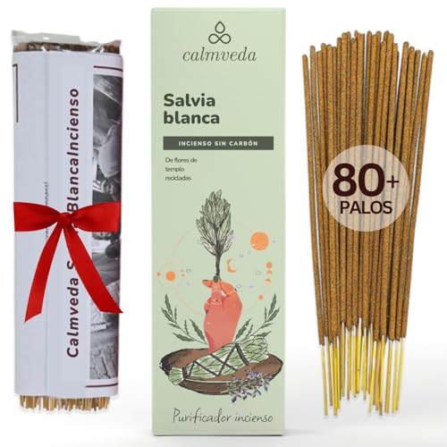 Calmveda Incienso Salvia Blanca Natural   (80 Barritas de Incienso) Sin Carbòn, Flor Reciclada | Aroma terroso y alcanfar | White Sage Sahumerio Limpieza Energética