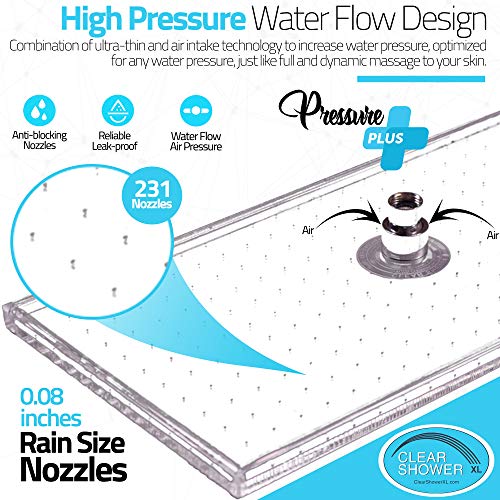 PREMIUM Large Shower Head by Clear Shower XL - Clear Model, FIRM PRESSURE Square 18 inch (45cm) Adjustable Shower Head, LUXURY Waterfall Full Body Coverage, Easy to Install