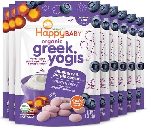 Happy Baby Organic Greek Yogis Freeze-Dried Greek Yogurt and Fruit Snacks, Blueberry/Purple Carrot, 1 Ounce (Pack of 8)