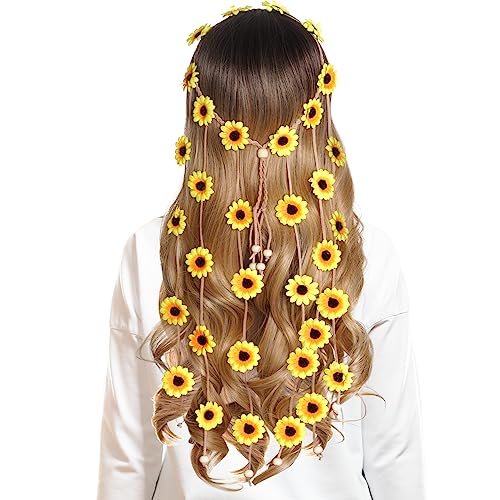 Sucrain 1pcs Flower Hippie Headband Floral Crown Summer Sunflower Hair Accessories for 70 s Bohemian...