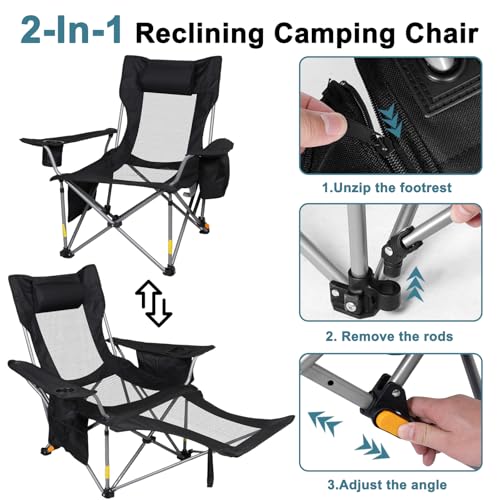 Image of Romswi 2Pack 4-Position Reclining Camping Chair with Removable Footrest, 2-in-1 Adjustable Portable Lounge Chair with Cooler Bag, Cup Holder, Side Pockets & Carry Bag for Outdoor, Mesh Black