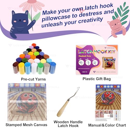 Image of veirousa Latch Hook Kits for Adults, DIY Bowling Ball Pillow & Rug Craft Kit for Beginners, Sport-Themed Handmade Yarn Art, Relaxing Home Sofa Decor Gift 17x17 Inch