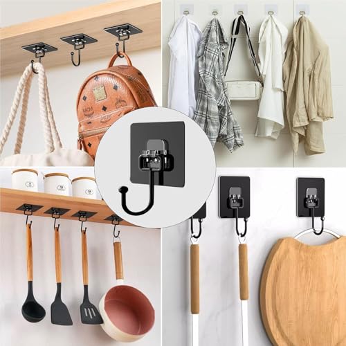Image of 6 Pcs Black Self-Adhesive Wall Hooks Heavy Duty Waterproof Nail-Free Rustproof Metal Hooks for Bathroom Kitchen Bedroom Ceiling Home Towels Keys Bags Coats Clothes