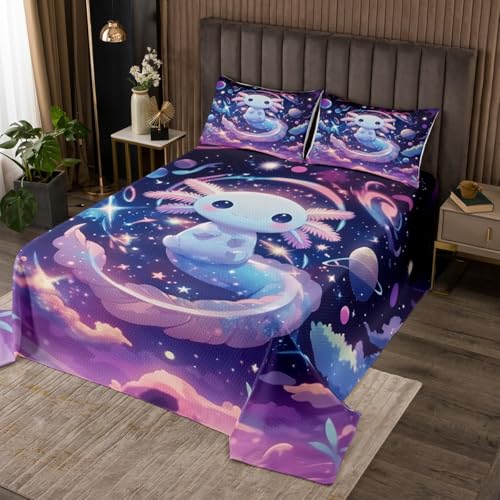 jejeloiu Cute Axolotl Bedspread Salamander Bedspread for Kids Boys Girls Galaxy Space Coverlet Set Planet Quilted Bedroom Collection 2Pcs Twin Size