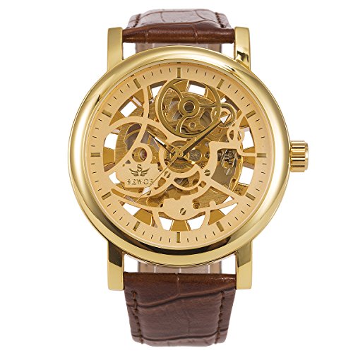 ManChDa Big Case 48MM XL Automatic Mechanical Wrist Watch Crystal Golden Leather Strap Valentines Gift