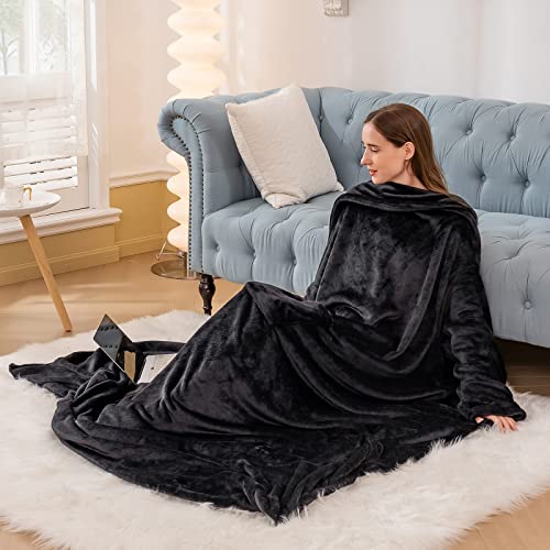 Aisbo Plaid avec Manche Polaire - Plaid à Manche Flanelle pour Femme et Homme, Couverture avec Manche Doux et Chaud avec Poches Portables, 170x200 Noir Cover