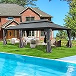 Domi 14x24FT Hardtop Gazebo with Netting & Curtains, Outdoor Aluminum Frame Gazebo with Galvanized Steel Double Roof, Outdoor Permanent Metal Pavilion for Patio Deck Lawn and Garden, Grey