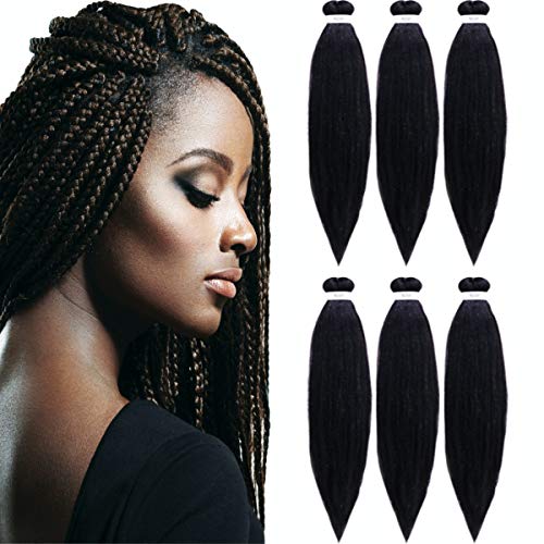 6 Pack Pre Stretched hair extensions for braiding. Hair braiding hair packs 22" length. Tangle & Itch Free Lightweight yaki texture hot water setting non-flammable Synthetic Hair for braiding. #1B