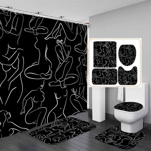 OLEBETY 4PCS Abstract Woman Shower Curtain Sets with Rugs, Waterproof