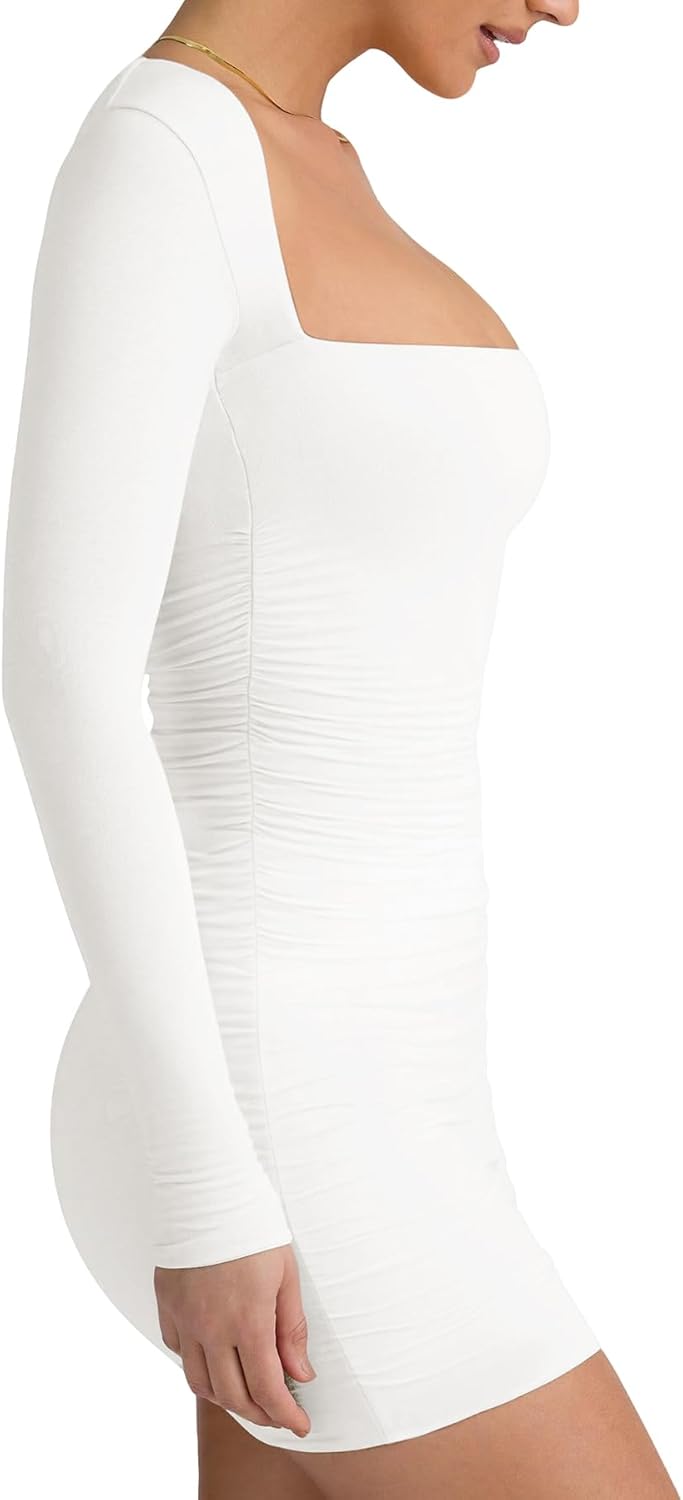 LCNBA Women's Long Sleeve Square Neck Ruched Bodycon Mini Dress - Image 2