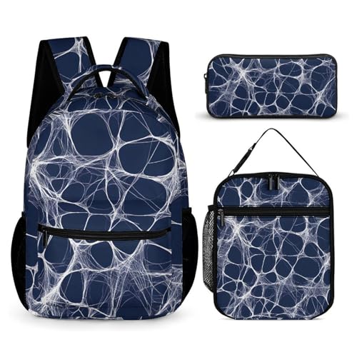 White Spiders Web Threads Travel Backpack Lunch Box Pencil Case 3Pcs Set for Men Women Office Outing University