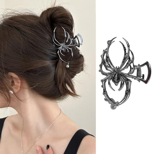 Spider Hair Barrette - Black Metal Alloy with Pearl Charm Design - Strong Hold Hair Clamp Clips for Women - Halloween Accessories