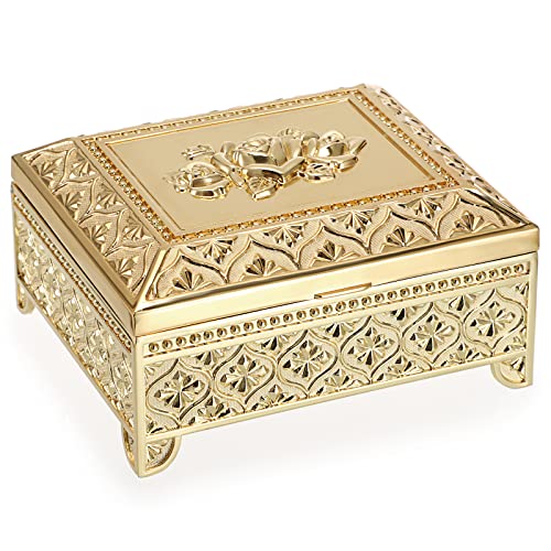 Hipiwe Vintage Metal Jewelry Box Trinket Storage Box Rectangle Treasure Chest Case Earring Ring Necklace Bracelet Organizer Decorative Keepsake Box Birthday Gift for Women