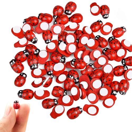 JJiaoLinin Coccinelle en Bois,100 Pièces Mini Bois Coccinelle Coccinelle en Bois Auto-adhésive,Petits Scarabées en Bois,Coccinelle Decoration,pour DIY...