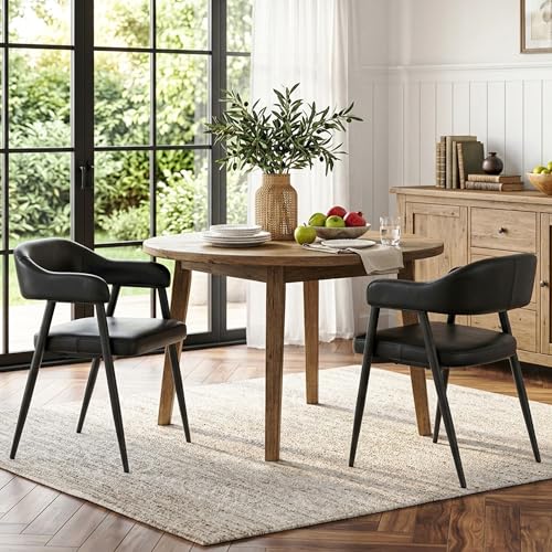 Image of HNY Modern Dining Room Arm Chairs Set of 2, Retro Faux Leather Upholstered Barrel Dining Chairs with Arms Mid-Century Black Accent Chair with Metal Legs, Open-Back Kitchen Side Chair for Living Room