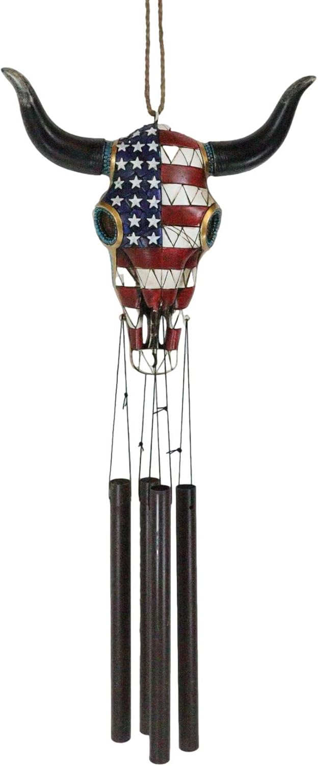 Ebros Gift Large Rustic Western Patriotic Tribal Bison Bull Cow Skull with US American Flag and Turquoise Beads Decorative Wind Chime Garden Patio As Wildlife Hanging Mobile Figurine