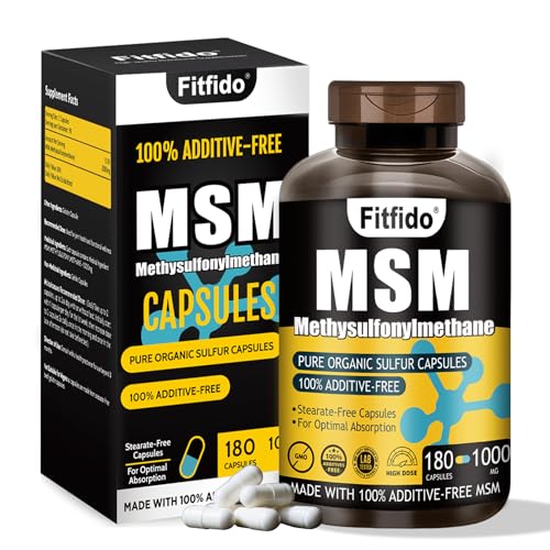 Fitfido MSM Capsules 1000mg 99.9% Pure Organic Sulfur for Joint Comfort Hair Skin & Nails Stearate-Free No Fillers Third-Party Tested Non-GMO Gluten Free (180 Capsules)