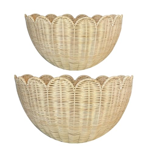 Scalloped Wall Basket, 2pcs Hand Woven Hanging Wicker Wall Baskets Set, Scalloped Rattan Wall Storage & Decor for Home, Bathroom, Kitchen, Living Room (16 x 12 x 7 & 14 x 8 x 6 Inch)