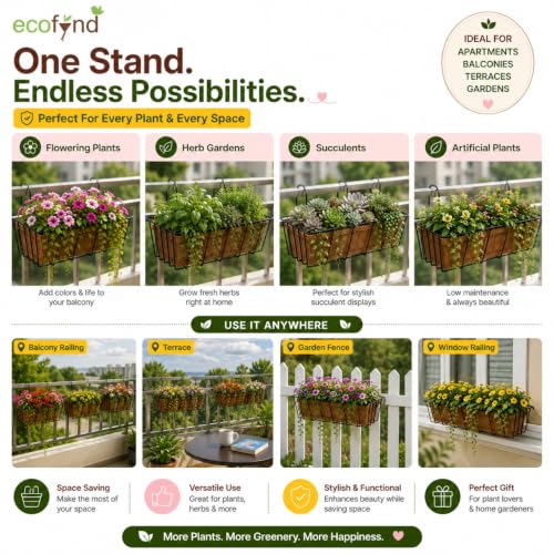 Image of ecofynd 2 Pack 16 Inches Metal Hanging Flower Pot Stand For Railing Planters, Gamla Stand Pot Holder for Balcony Decoration Items Outdoor, Plant Stands for Balcony, Flower Pot Stand Indoor (PS054-BLK)