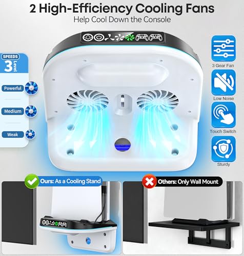 Image of P5 Wall Mount Kit Cooling Station with Dual Controller Charger, Floating Shelf Behind TV for P5 /Slim /Pro, Wall Bracket Compatible with P5 Disc & Digital, 9 RGB Lights P5 Fan Accessories, Black & White