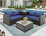 Furnimy Outdoor PE Wicker Patio Furniture Set Rattan Sectional Loveseat Couch Set Conversation Sofa with Storage Box Glass Top Table for Balcony Lawn and Garden (Brown-Navy, Couch Set)
