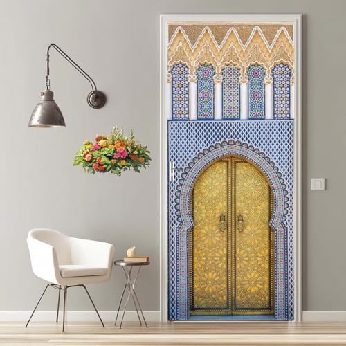 Stickers Porte 77X200 cm Trompe l'oeil Effect 3D Style Moyen-Oriental Arche Autocollant Poster Porte Adhésif Imperméable Stickers Muraux Pour Salon Chambre...