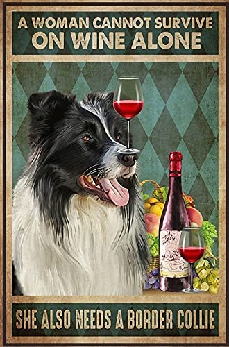 A Woman Cannot Survive On Wine Alone She Also Needs A Border Collie Poster For Home Cafe Bar Garage Metal Sign 8X12 Inches